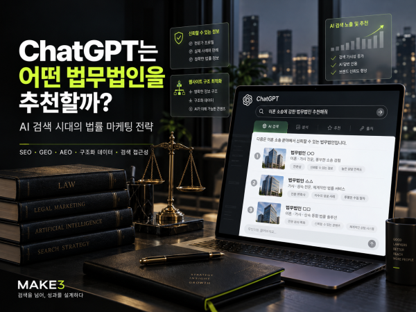 ChatGPT와 AI 검색 시대의 법무법인 마케팅 전략을 표현한 이미지. 법률사무소 홈페이지와 AI 검색 기술을 연결하여 SEO, GEO, AEO, 구조화 데이터 및 온라인 검색 접근성의 중요성을 시각화한 디자인